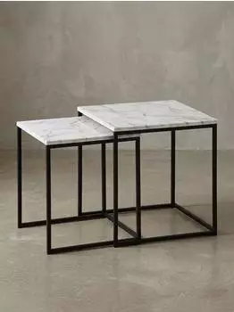 KADIMA DESIGN Beistelltisch 2er-Set Marmoroptik weiß, Gestell schwarz