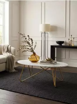 KADIMA DESIGN Couchtisch oval weiß Marmor-Optik, Metall-Gestell, 120x40x60cm