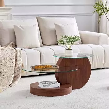 OKWISH Couchtisch rund, zweist&ouml;ckig, Glas & MDF, Walnussoptik (70x44x70cm)