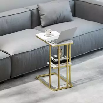 HomCom C-f&ouml;rmiger Beistelltisch mit Stauraum, wei&szlig; Marmoroptik, 50x30x57,5cm