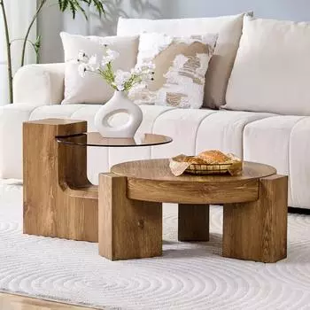 OKWISH Couchtisch-Set 2-in-1, Holzwerkstoff & Sicherheitsglas, natur