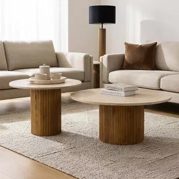 Idimex NARMADA/Mandi Couchtischset 2er, Travertin, Mangoholz, rund