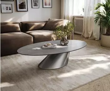 DeLife Edge Couchtisch oval 135x80cm, Keramik betongrau, Edelstahl geb&uuml;rstet (46011)