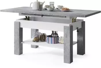 designimpex Couchtisch Astoria höhenverstellbar Beton / Weiß