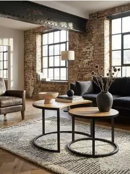 KADIMA DESIGN Couchtisch 2er-Set, Mango Massivholz & Metall, rund, industrial (800001018483)