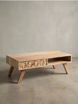 KADIMA DESIGN REWA Couchtisch Akazienholz mit Schublade, 95x35x50cm (4255632586392)