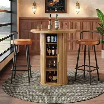 MODFU Runder Bartisch mit Stauraum, MDF Holzoptik, 60x60x91,6cm