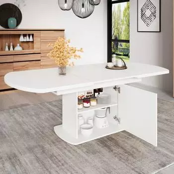 Stilvora Ausziehbarer Esstisch oval mit Stauraum, weiß/silber, 140/200×80×75cm