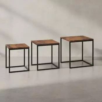 KADIMA DESIGN Satztisch 3er-Set, Sheesham Massivholz & Metall, eckig
