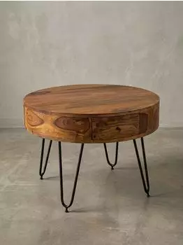 KADIMA DESIGN Couchtisch rund, Sheesham Massivholz mit Metallgestell, 60x44,5x60cm, mit Schublade