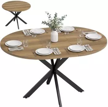 HomCom Ausziehbarer Esstisch oval/rund 100/135x100cm, Stahl, braun, Industrie-Stil, 4-6 Personen