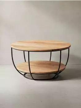 KADIMA DESIGN Couchtisch rund, Akazie Massivholz / Metall, mit Ablage, 60x34,5x60cm