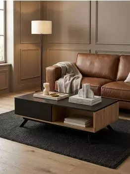 KADIMA DESIGN Couchtisch Eiche-Dekor/schwarz, MDF, 2 Schubladen, Metallbeine, 110x60x38cm