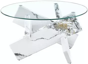 OKWISH Couchtisch rund Ø79cm, Glasplatte, MDF-Beine, weiß-Marmor