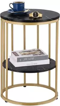 Relaxdays Beistelltisch rund Marmoroptik, 2 Ablagen, Metall & MDF, 57x40cm, schwarz/gold
