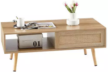 MODFU Couchtisch mit Rattan, Massivholzbeinen & Schiebetüren, natur (55x41,5x105cm)