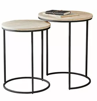Loberon &Eacute;morieux Beistelltisch 2er-Set, Travertin/Eisen, beige/schwarz (23768-3-1)