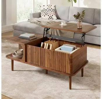 OKWISH Couchtisch mit höhenverstellbarer Platte & Schiebetür, Walnussoptik, 100x55,5x48cm