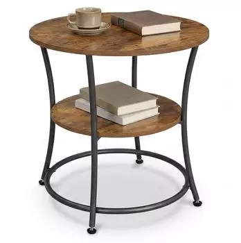 Relaxdays Beistelltisch rund, 2 Ablagen, Holzoptik & Metall, 55x55cm, dunkelbraun/schwarz