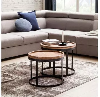 Finebuy Couchtisch 2er-Set Akazien-Massivholz Industrial Metallgestell (SuVa2500_1)