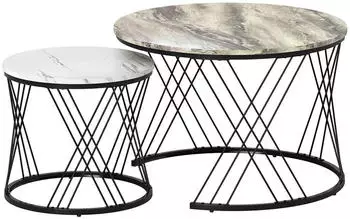 HomCom Couchtisch-Set 2er rund, Marmoroptik, grau/wei&szlig;, Metallrahmen