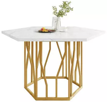 Stilvora Sechseckiger Esstisch MDF/Stahl, Marmoroptik, gold/weiß, 115,5×100×75cm (QTEA2TY8SIPBPY)