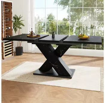 MODFU Ausziehbarer Esstisch Marmoroptik X-Gestell, schwarz, 119-159x80x75cm