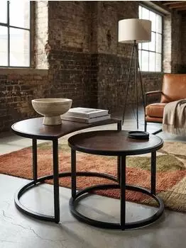 KADIMA DESIGN Couchtisch 2er-Set, Mango Massivholz & Metall, rund, dunkelbraun (4255632581809)