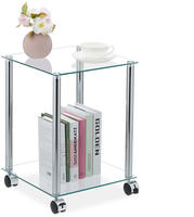 Relaxdays - Beistelltisch Mit Rollen, 2 Ablagen, Eckig, Wohnzimmer, Glas & Stahl,