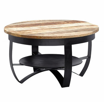 Wohnling Couchtisch 60x34x60 cm Mango Massivholz / Metall Industrial Schwarz Rund