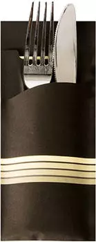 Papstar Bestecktaschen 20 cm x 8,5 cm schwarz/creme Stripes inkl. farbiger Serviette 33 x 33 cm 2-lag.