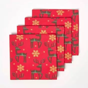 Homescapes Weihnachtsservietten Rentier, 4er-Set, rot