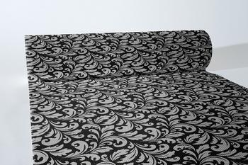 Sovie HORECA Tischläufer Carlo in Schwarz-Silber aus Linclass Airlaid 40cm x 24 m- Schnörkel Ornamente