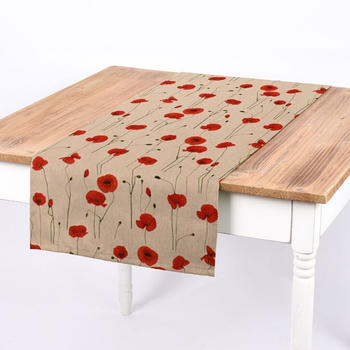 schöner leben Tischläufer Leinenlook Poppy Field Mohnblumen natur rot 40x160cm