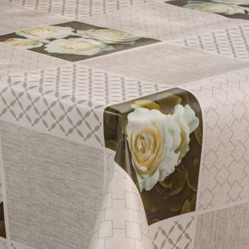 Laro Wachstuch-Tischdecken Rose weiß beige rechteckig