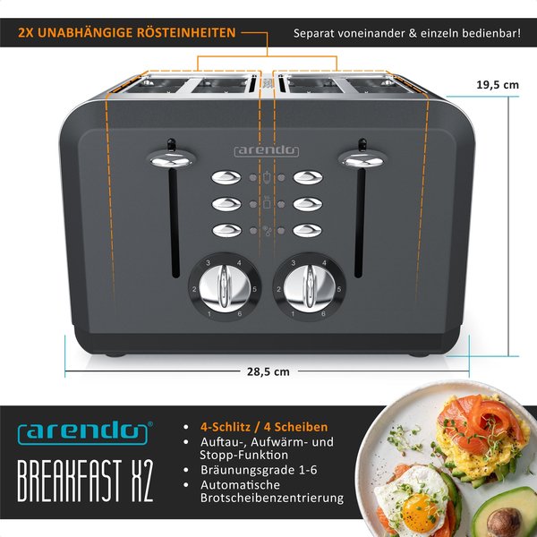 4-Scheiben-Toaster Technische Daten & Ausstattung Arendo Breakfast X2 grau