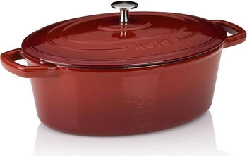 Kela Bräter Gusseisen oval 4 Liter, Dutch Oven CALIDO, Induktion Gussbräter mit Deckel, Gusseisen Topf Brot backen, emailliert, rot