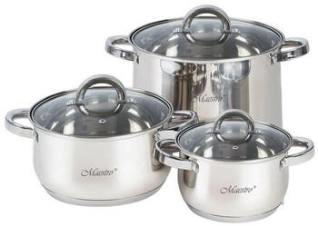 Maestro MR-2120-6L Kochtopf Set Edelstahl, 6-Teilig, Induktion, 3 Topfe, 3 Glasdeckel, Geeignet für alle Herdarten, Spülmaschinenfest