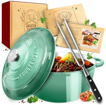 Krustenzauber Gusseisen Bräter mit Deckel grün 26cm 6l inkl Fleischgabel