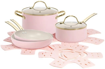 Paris Hilton Paris Hilton Kochgeschirr-Set 10-teilig Aluminium & Keramik Antihaft-Beschichtung, Induktionsgeeignet, Spülmaschinenfest, in Pink/Creme/Gold