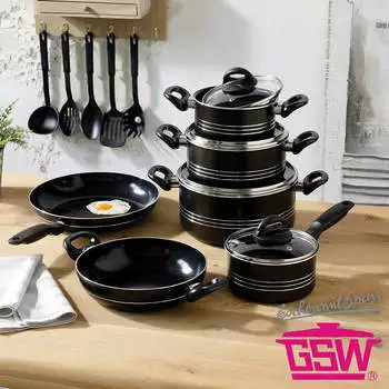 GSW Milano Nero Topf-Set inkl. Küchenhelfer-Set,grau 15er-Set – Antihaftbeschichtung für gesundes Kochen mit wenig Fett