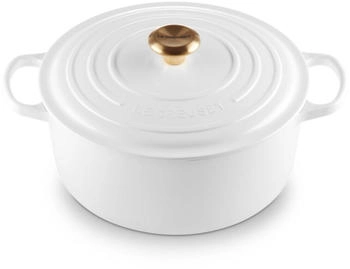 Le Creuset Signature Br&auml;ter 28 cm rund wei&szlig; mit Goldknauf
