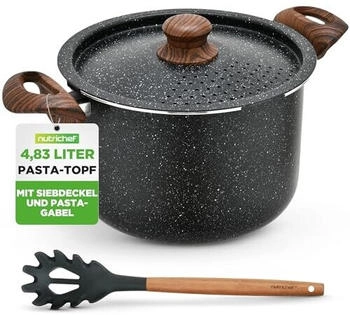 NutriChef Nudeltopf 4.7 L Siebdeckel Induktion Antihaft schwarzer Marmor verriegelbarer Deckel 5,1 L
