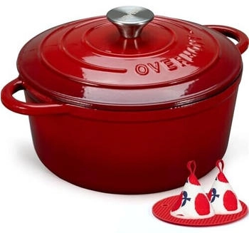 Overmont Bräter rot emaille Gusseisen backofengeeignet Deckel Kochbuch 24 cm
