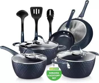 NutriChef Pfannen- Topfset 11-teilig antihaftbeschichtet Deckeln Dunkelblau