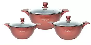 Cheffinger Kochtopf-Set Burgundy Aluguss Glasdeckel 6-tlg. Ø 20 / 24 / 28 cm