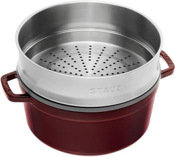 Staub Bratentopf 26 cm rund mit Dämpfeinsatz grenadine – Staub Bratentopf 26 cm – vielseitiger Gusseisen-Klassiker