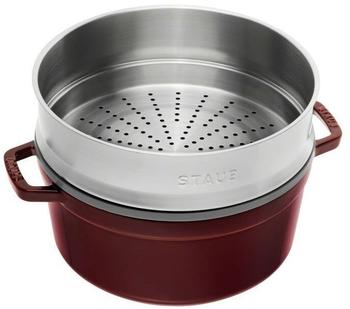 Staub Bratentopf 26 cm rund mit Dämpfeinsatz grenadine – Hitzebeständigkeit für Herd und Backofen