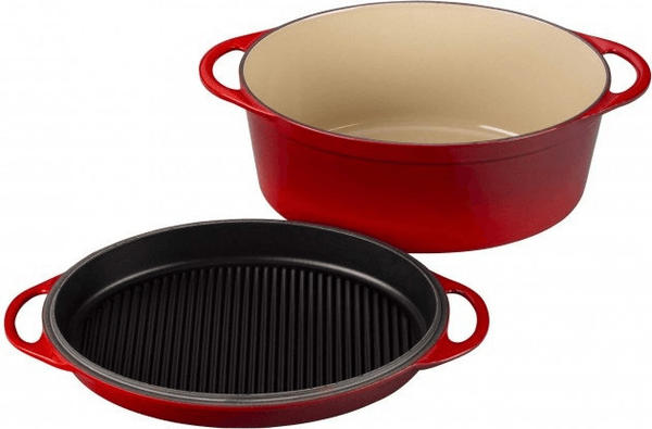 Le Creuset Bräter oval mit Grilldeckel 32 cm kirschrot