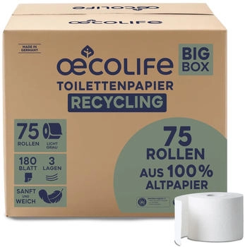 oecolife Fripa oceolife Toilettenpapier, RECYCLING, lichtgrau, 3-lagig 1597500 , 1 Karton = 75 Rollen &agrave; 180 Blatt
